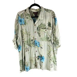 Covington Mens Hawaiian Shirt 100% Rayon Tropical Print Striped Green Blue XL